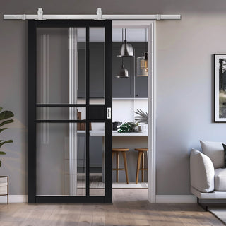 Image: Top Mounted Stainless Steel Sliding Track & Door - Industrial City Black Internal Door - Clear Glass - Prefinished