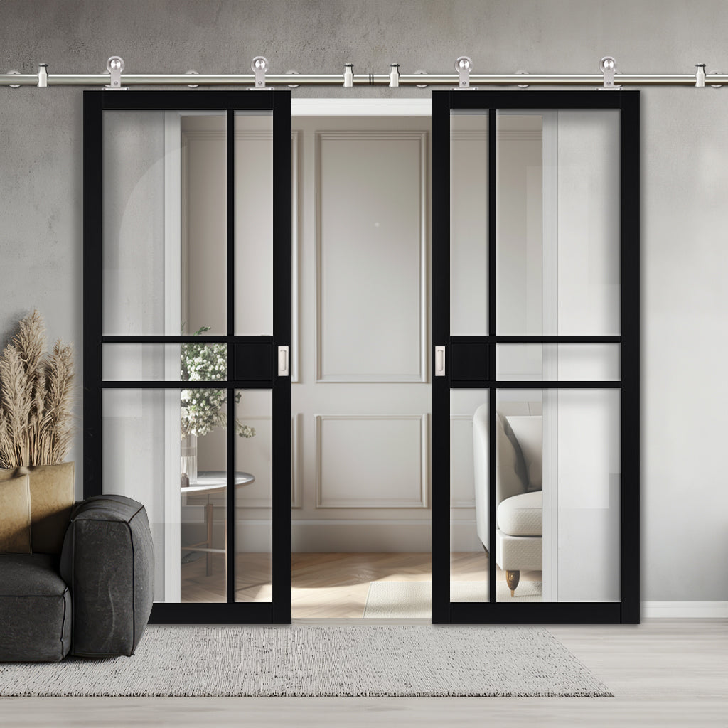 Sirius Tubular Stainless Steel Sliding Track & Double Door - Industrial City Black Internal Door - Clear Glass - Prefinished