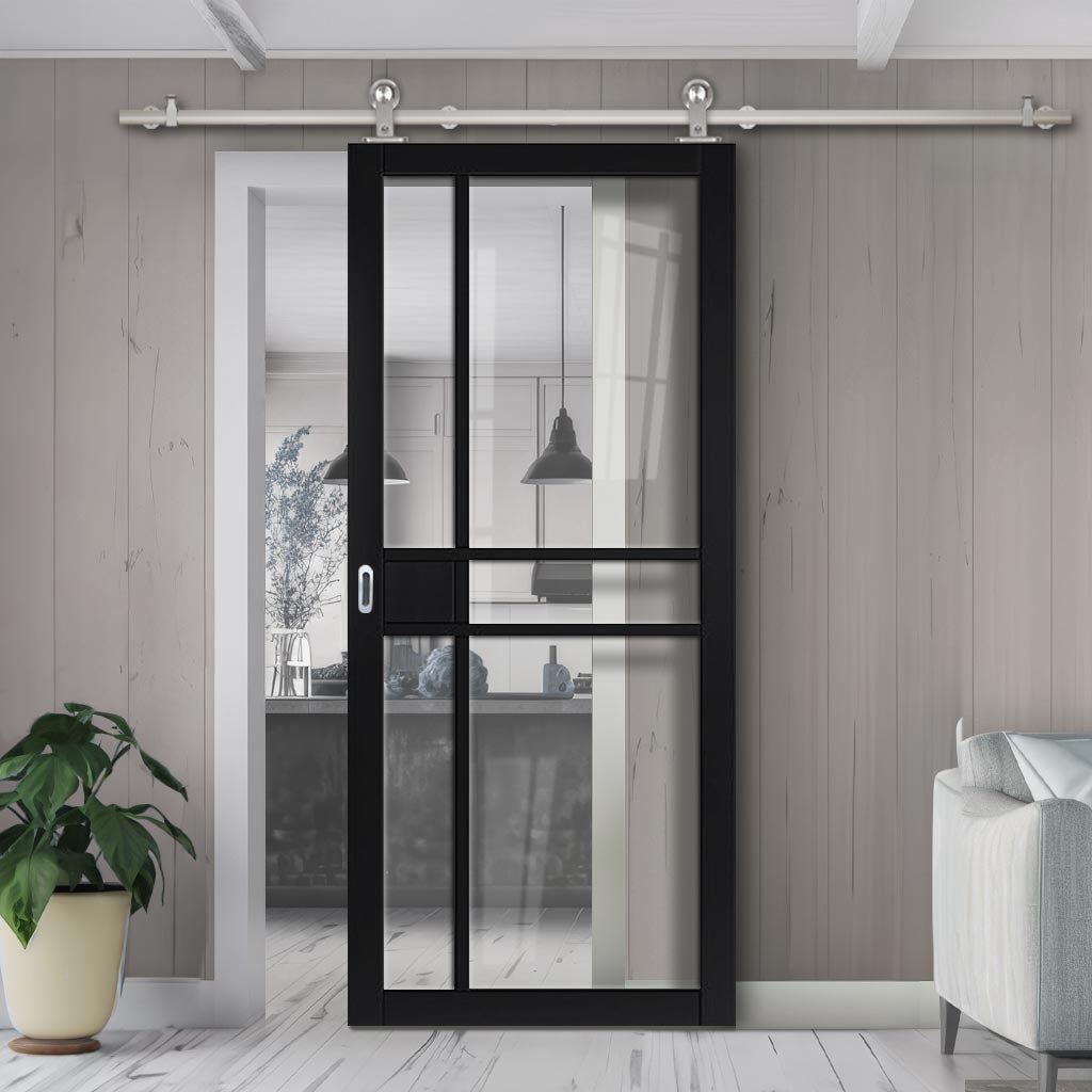 Sirius Tubular Stainless Steel Sliding Track & Door - Industrial City Black Internal Door - Clear Glass - Prefinished