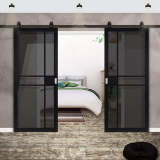 Image: Top Mounted Black Sliding Track & Double Door - Industrial City Black Internal Door - Tinted Glass - Prefinished