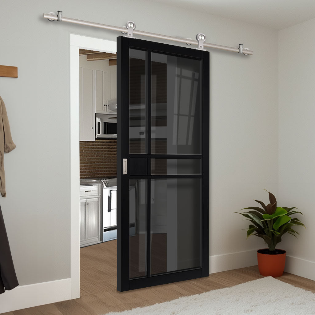 Sirius Tubular Stainless Steel Sliding Track & Door - Industrial City Black Internal Door - Tinted Glass - Prefinished