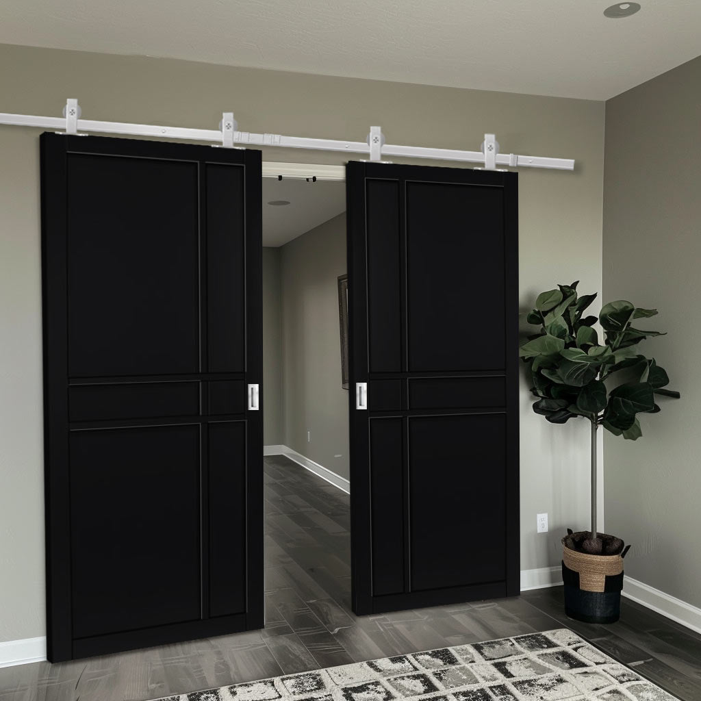 Top Mounted Stainless Steel Sliding Track & Double Door - Industrial City Black Panel Internal Door - Prefinished