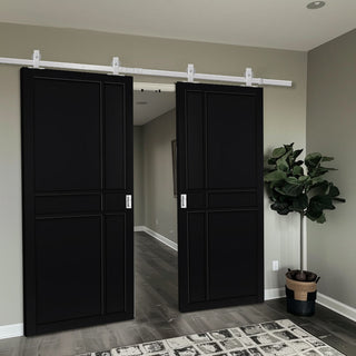 Image: Top Mounted Stainless Steel Sliding Track & Double Door - Industrial City Black Panel Internal Door - Prefinished