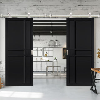 Image: Sirius Tubular Stainless Steel Sliding Track & Double Door - Industrial City Black Panel Internal Door - Prefinished