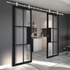 Sirius Tubular Stainless Steel Sliding Track & Double Door - Industrial Civic Black Internal Door - Clear Glass - Prefinished