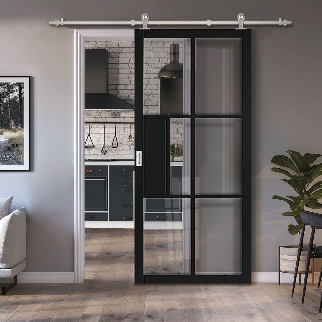 Sirius Tubular Stainless Steel Sliding Track & Door - Industrial Civic Black Internal Door - Clear Glass - Prefinished