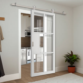 Image: Sirius Tubular Stainless Steel Sliding Track & Door - Industrial Civic White Internal Door - Clear Glass - Prefinished