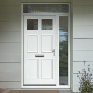 Image: Exterior Colonial 2L 4P Front Door with Single Sidelight and Transom - Customisable: Size, Colour, Glass and Sidelight Options