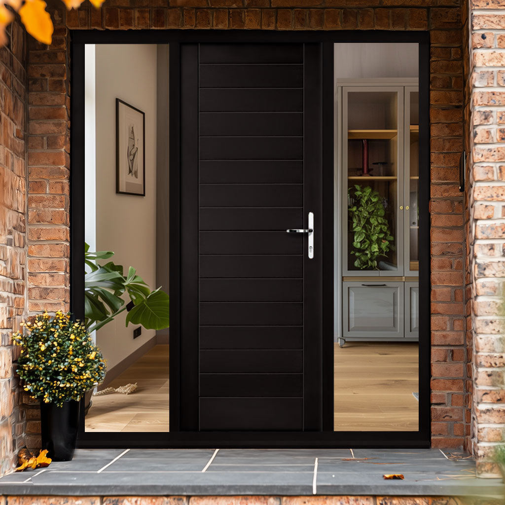 Hayes Flush External Hardwood Front Door and Frame Set - Two Unglazed Side Screens