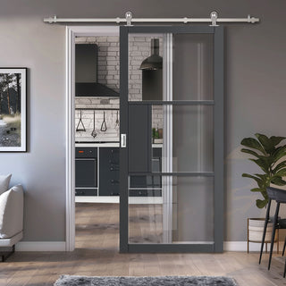 Image: Sirius Tubular Stainless Steel Sliding Track & Door - Industrial Cosmo Graphite Grey Internal Door - Clear Glass - Laminated - Prefinished