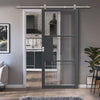 Sirius Tubular Stainless Steel Sliding Track & Door - Industrial Cosmo Graphite Grey Internal Door - Clear Glass - Laminated - Prefinished