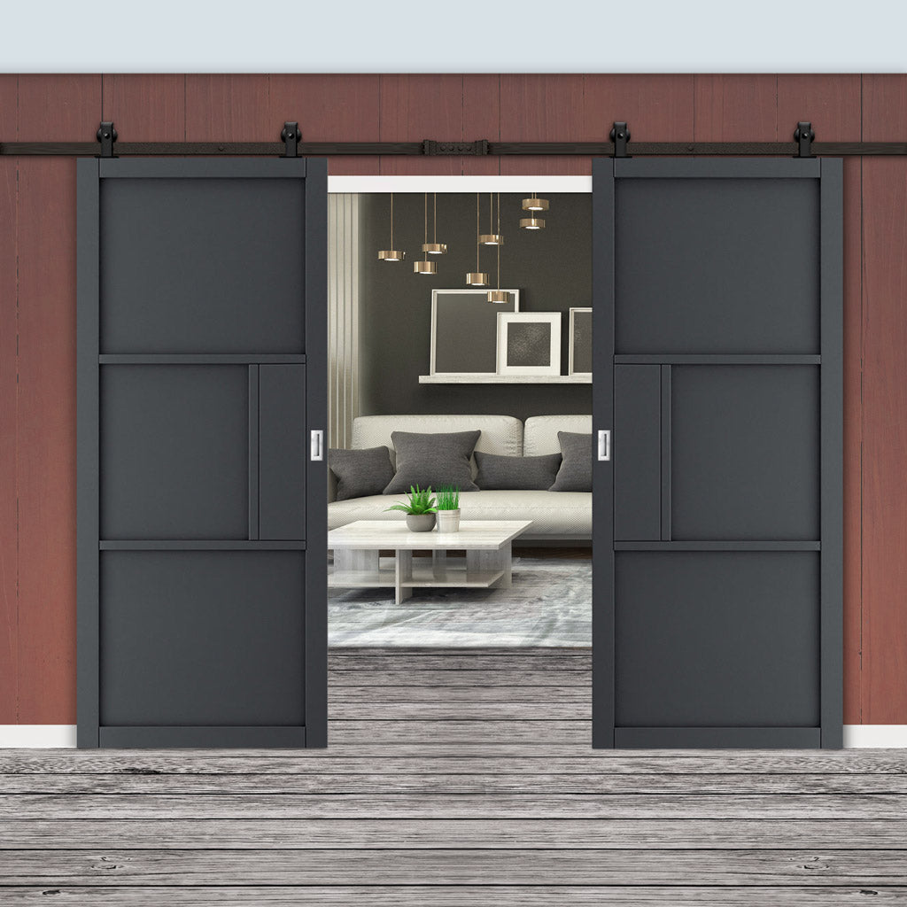 Top Mounted Black Sliding Track & Double Door - Industrial Cosmo Graphite Grey Internal Door - Laminated - Prefinished