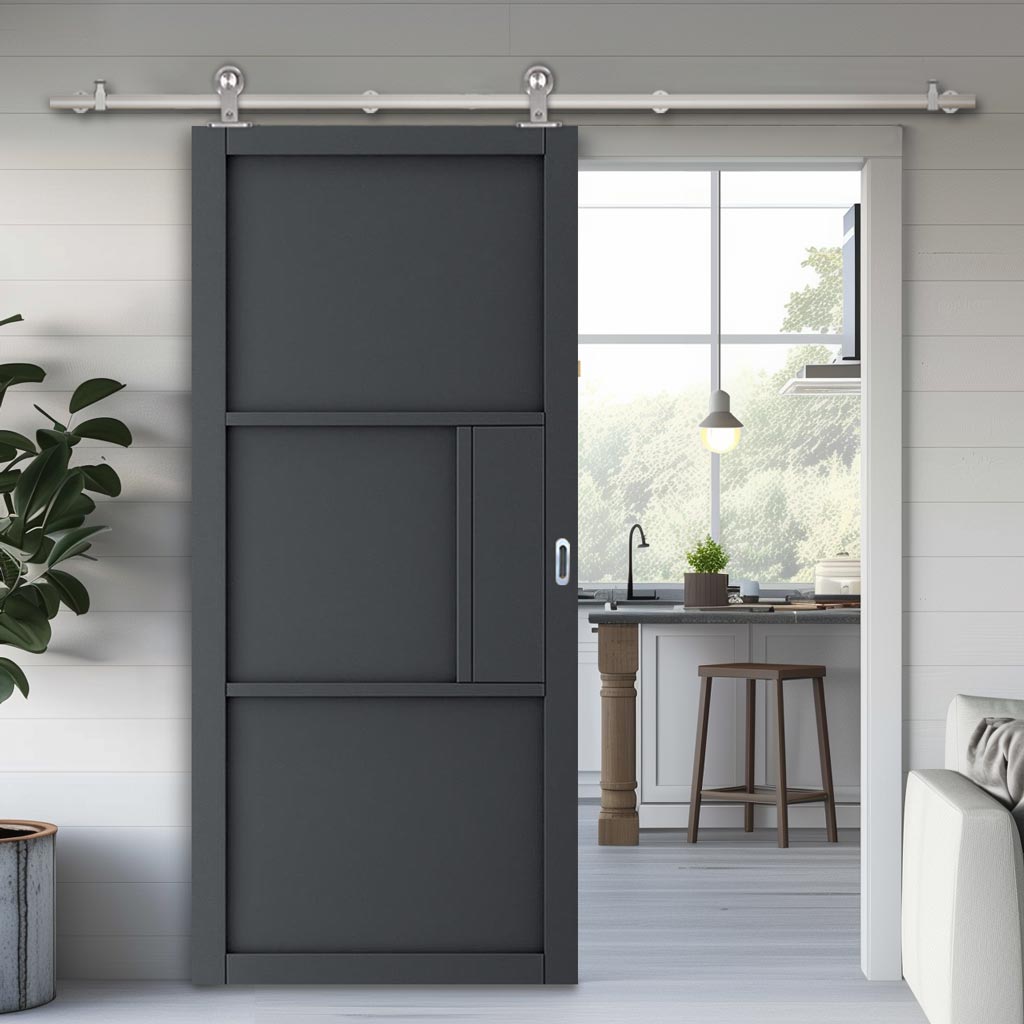 Sirius Tubular Stainless Steel Sliding Track & Door - Industrial Cosmo Graphite Grey Internal Door - Laminated - Prefinished