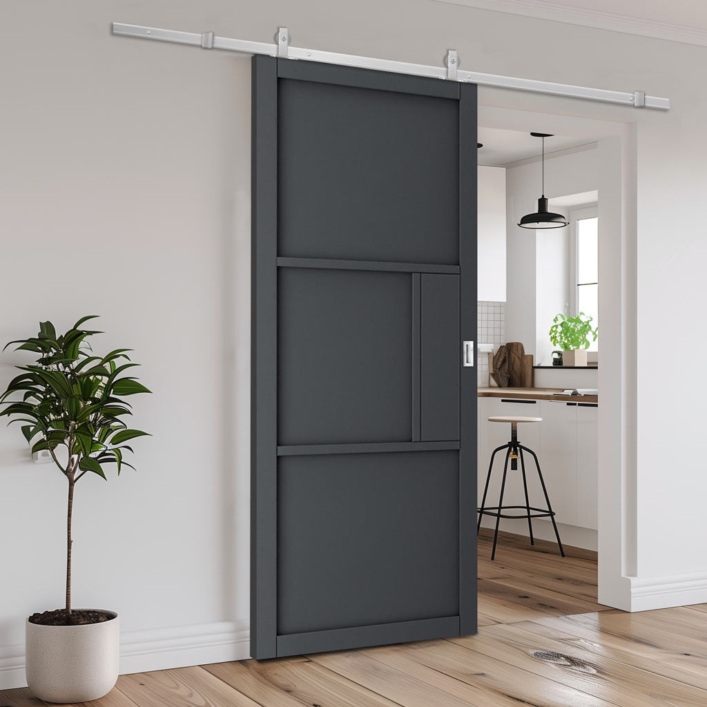 Top Mounted Stainless Steel Sliding Track & Door - Industrial Cosmo Graphite Grey Internal Door - Laminated - Prefinished