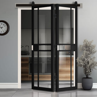 Image: SpaceEasi Top Mounted Black Folding Track & Double Door - Dalston Black Door - Prefinished - Clear Glass - Urban Collection