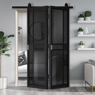 Image: SpaceEasi Top Mounted Black Folding Track & Double Door - Dalston Black Door - Prefinished - Tinted Glass - Urban Collection