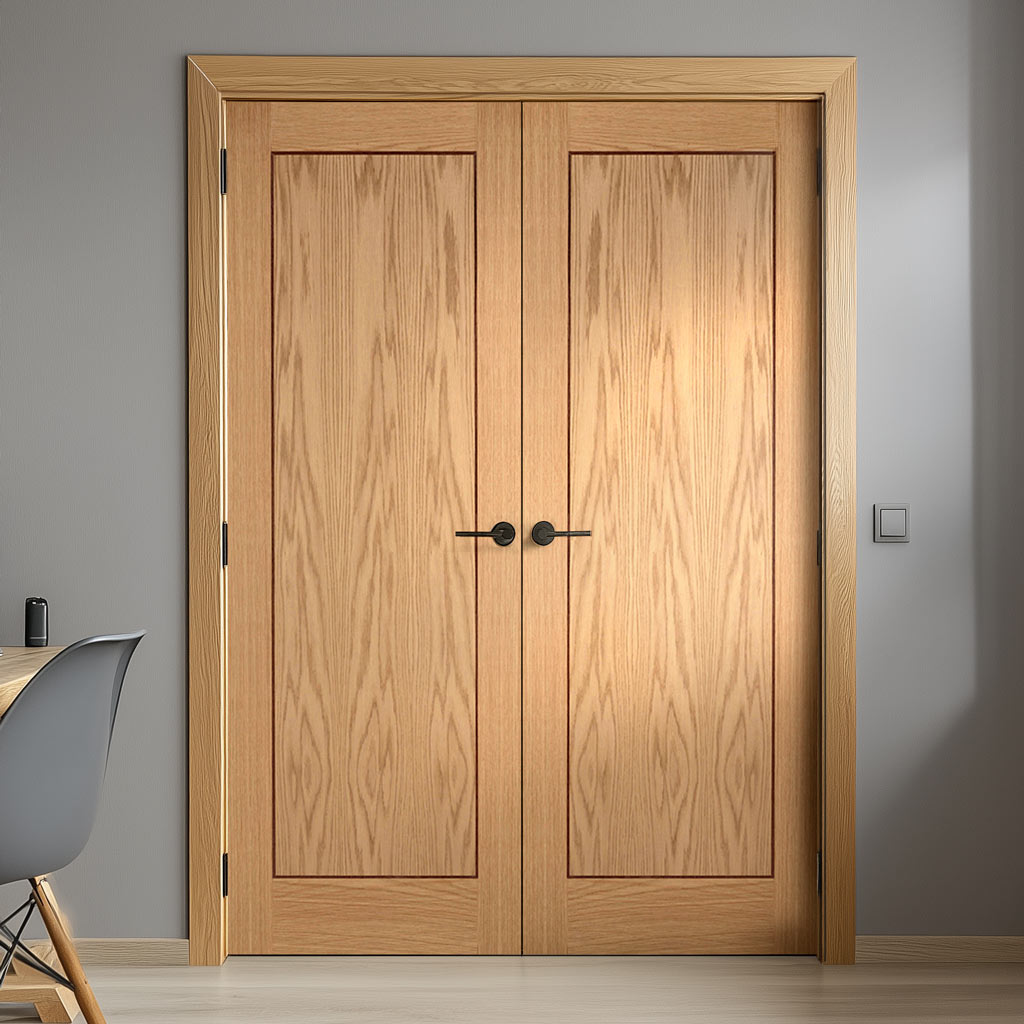 Oak 1 Panel Inlay Flush Fire Internal Door Pair - 30 Minute Fire Rated - Prefinished