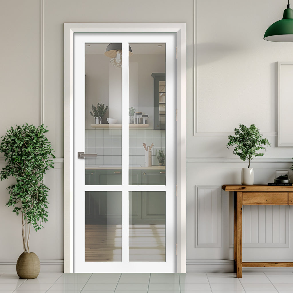 EasiKit Internal Door and Frame Kit - Bronx 4 Pane Solid Wood Internal Door - Premium Primed - Colour & Glass Options