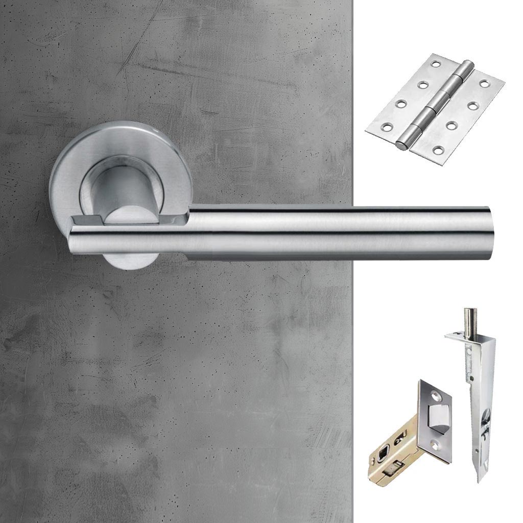 Turin Double Door Lever Handle Pack - 8 Square Hinges - Satin Finish - Combo Handle and Accessory Pack