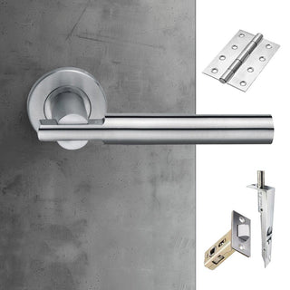 Image: Turin Double Door Lever Handle Pack - 6 Square Hinges - Satin Finish - Combo Handle and Accessory Pack