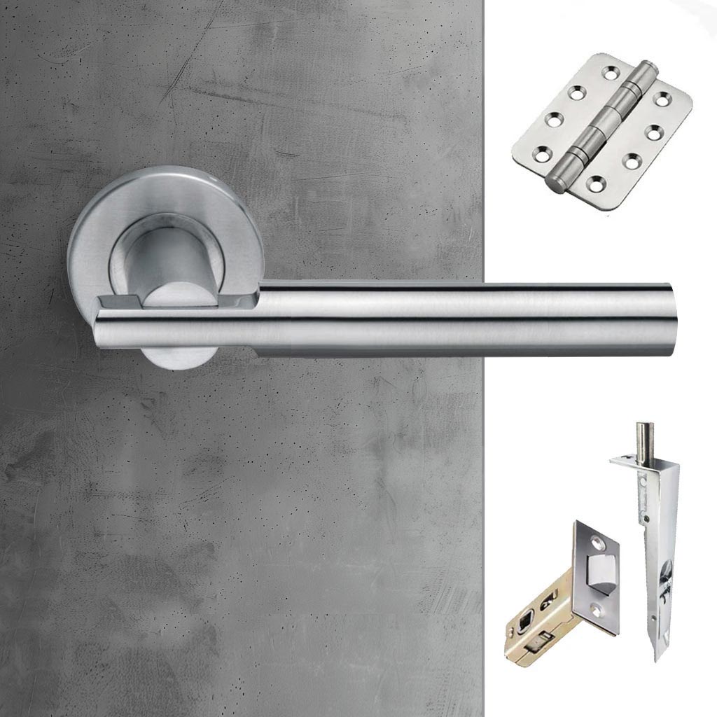 Turin Double Door Lever Handle Pack - 6 Radius Cornered Hinges - Satin Finish - Combo Handle and Accessory Pack