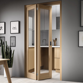 Image: J B Kind Oak Shaker Fuji Bifold Internal Door - Clear Glass