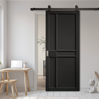 Image: Top Mounted Black Sliding Track & Door - Greenwich Panel Black Painted Internal Door - Prefinished