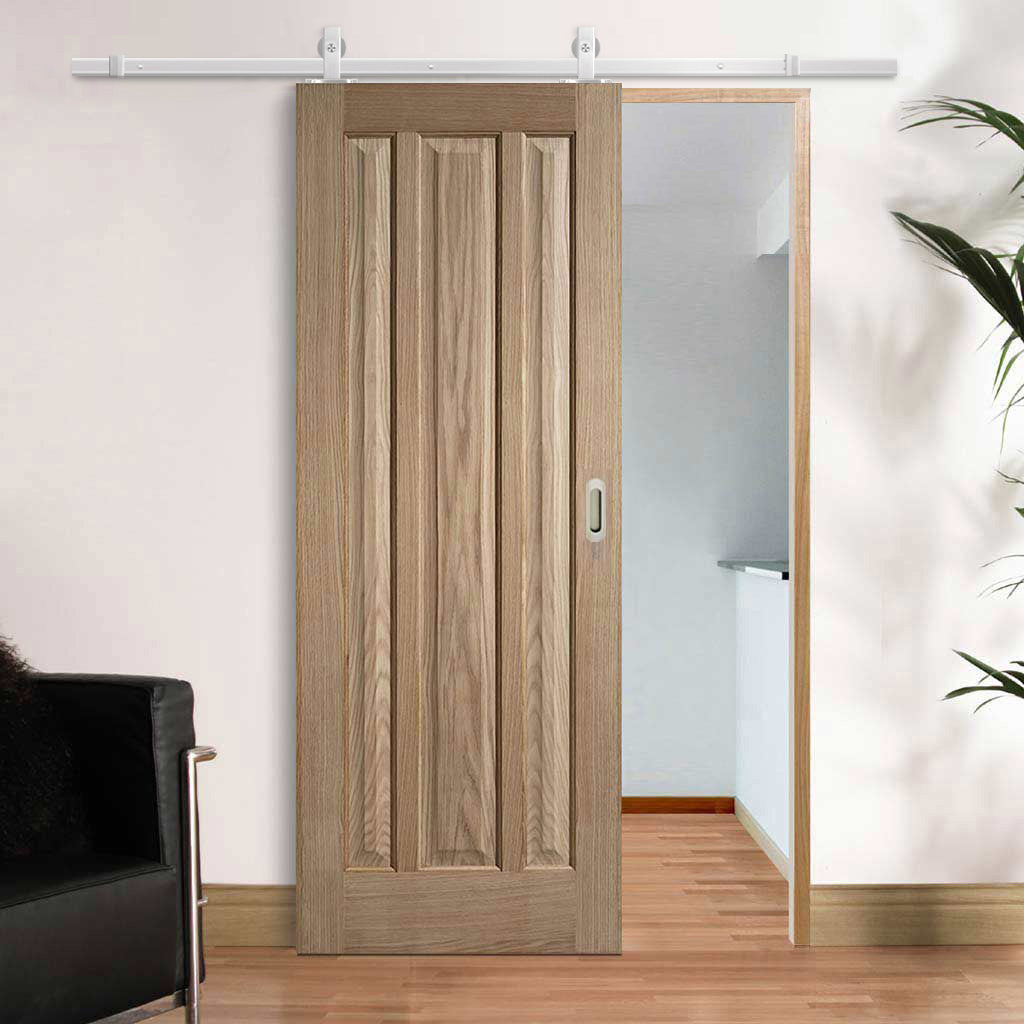 Top Mounted Stainless Steel Sliding Track & Door - Kilburn 3 Panel Oak Door - Unfinished