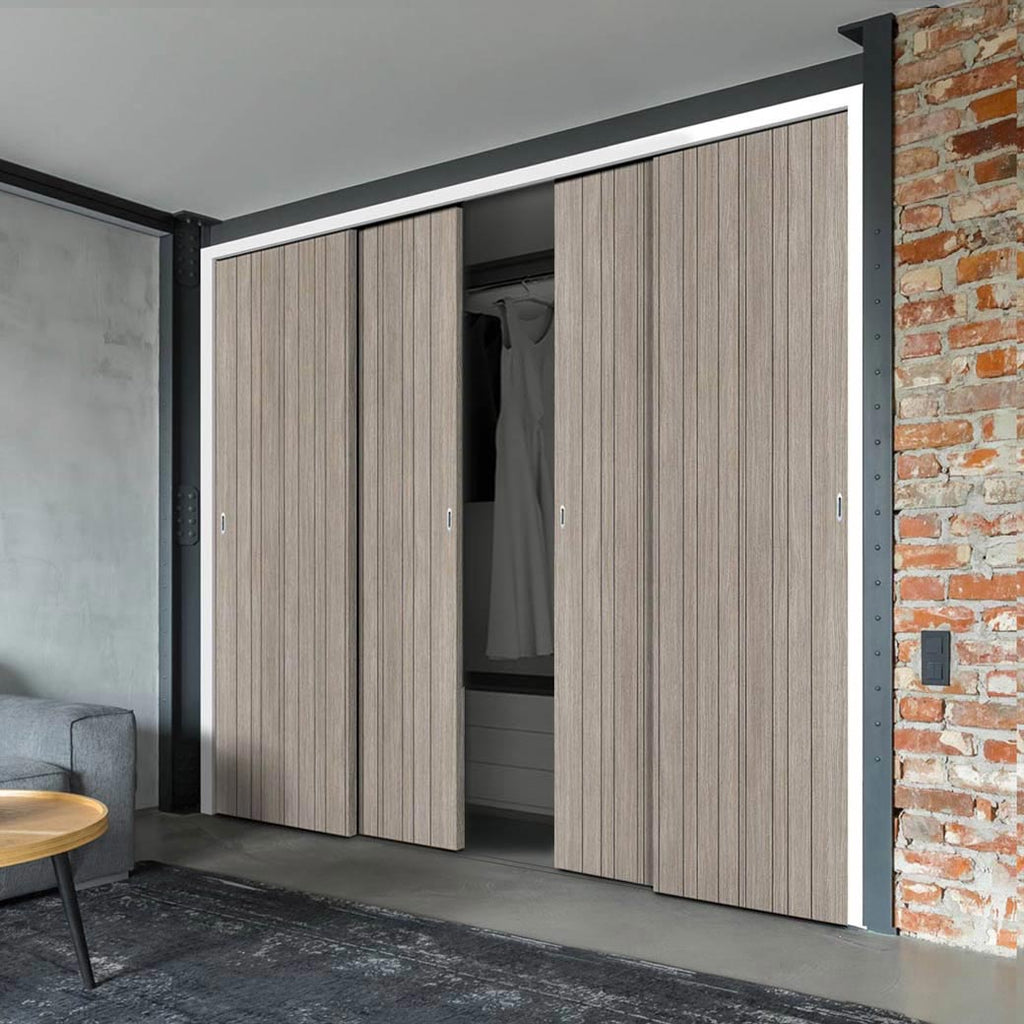 Minimalist Wardrobe Door & Frame Kit - Four Laminate Montreal Light Grey Door - Prefinished