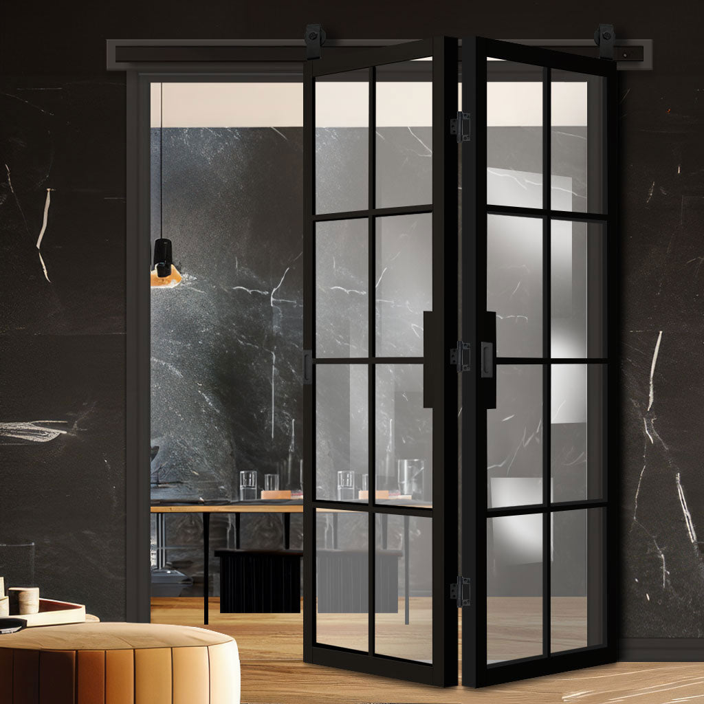 SpaceEasi Top Mounted Black Folding Track & Double Door - Malvern Black Internal Door - Clear Glass - Prefinished