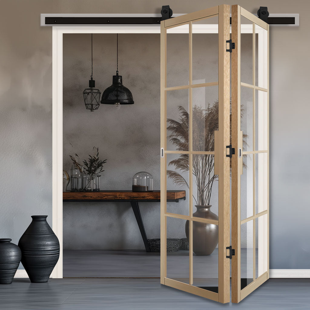 SpaceEasi Top Mounted Black Folding Track & Double Door - Malvern Blonde Oak Internal Door - Clear Glass - Prefinished