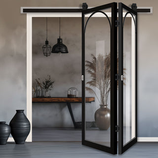 Image: SpaceEasi Top Mounted Black Folding Track & Double Door - Melrose Black Internal Door - Clear Glass - Prefinished