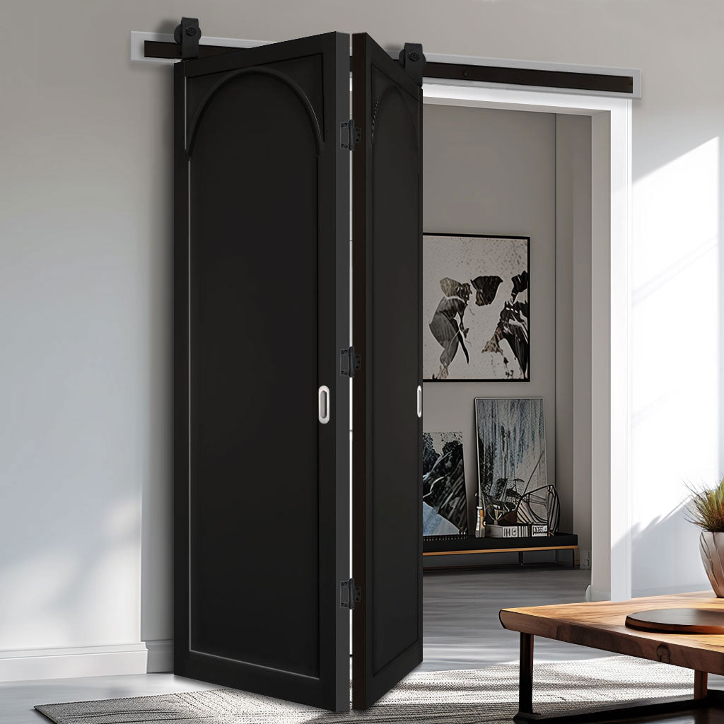 SpaceEasi Top Mounted Black Folding Track & Double Door - Melrose Panel Black Internal Door - Prefinished