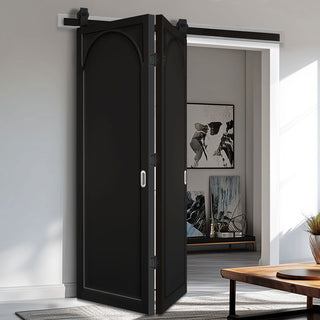 Image: SpaceEasi Top Mounted Black Folding Track & Double Door - Melrose Panel Black Internal Door - Prefinished