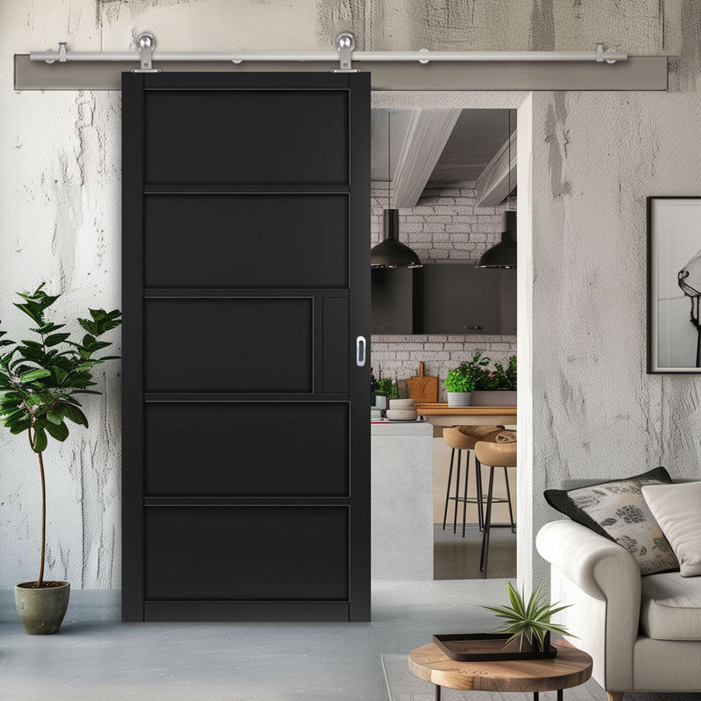 Sirius Tubular Stainless Steel Sliding Track & Door - Industrial Metro Black Panel Internal Door - Prefinished