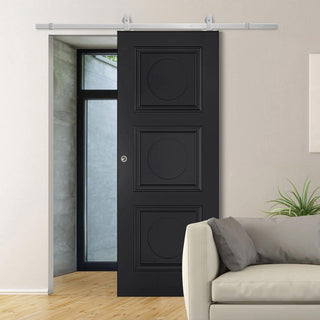 Image: Top Mounted Stainless Steel Sliding Track & Door - Antwerp 3 Panel Black Primed Door