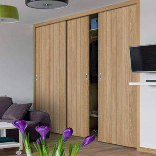 Image: Minimalist Wardrobe Door & Frame Kit - Three Montreal Oak Flush Internal Door - Prefinished