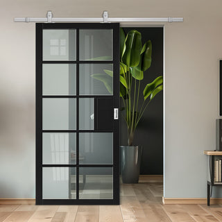 Image: Top Mounted Stainless Steel Sliding Track & Door - Industrial Plaza Black Internal Door - Clear Glass - Prefinished