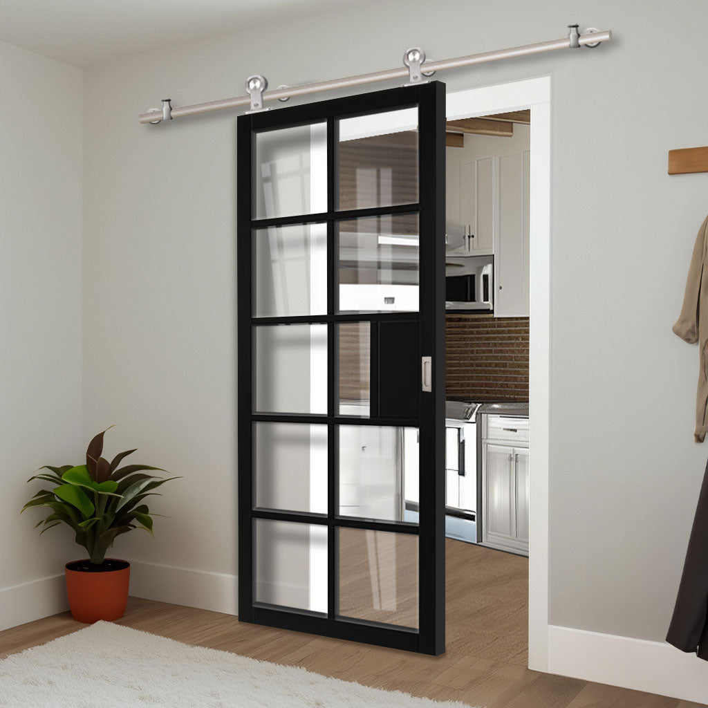 Sirius Tubular Stainless Steel Sliding Track & Door - Industrial Plaza Black Internal Door - Clear Glass - Prefinished