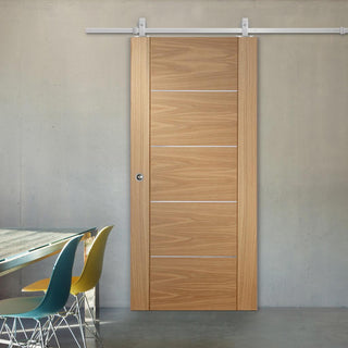 Image: Top Mounted Stainless Steel Sliding Track & Door - Portici Oak Flush Door - Aluminium Inlay - Prefinished