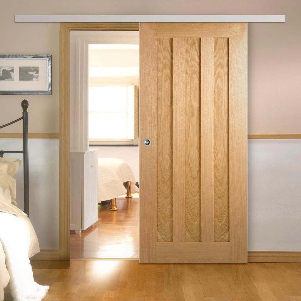 Premium Single Sliding Door & Wall Track - Idaho 3 Panel Oak Door - Unfinished