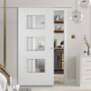 Premium Single Sliding Door & Wall Track - Amsterdam 3 Panel Door - Clear Glass - White Primed