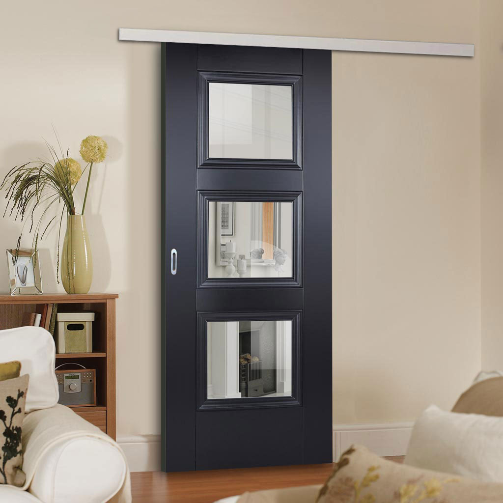 Premium Single Sliding Door & Wall Track - Amsterdam Black Primed Door - Clear Glass