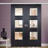 Premium Double Sliding Door & Wall Track - Amsterdam Black Primed Door - Clear Glass - Unfinished