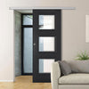 Premium Single Sliding Door & Wall Track - Antwerp 3 Pane Black Primed Door - Clear Glass