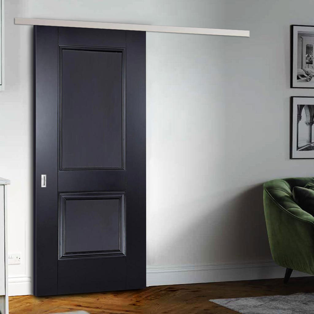 Premium Single Sliding Door & Wall Track - Arnhem 2 Panel Black Primed Door