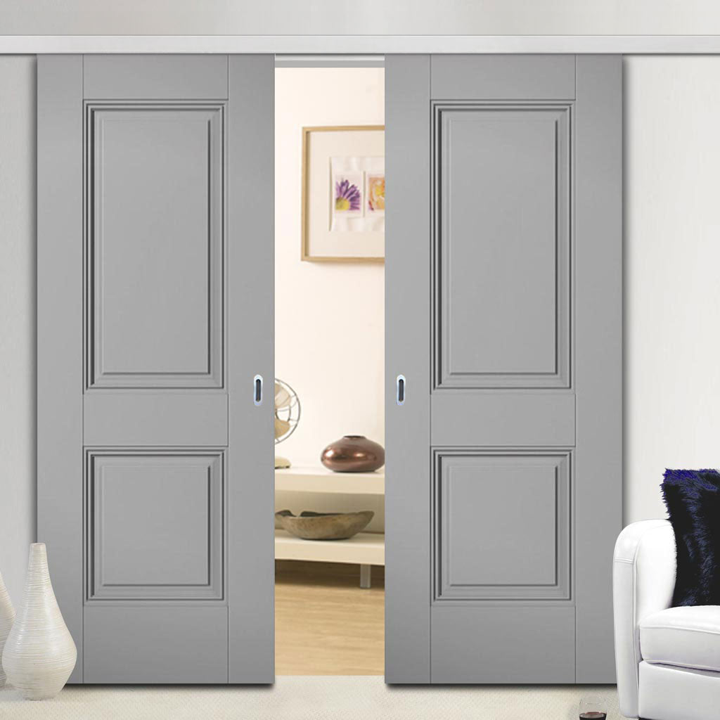 Premium Double Sliding Door & Wall Track - Arnhem 2 Panel Grey Primed