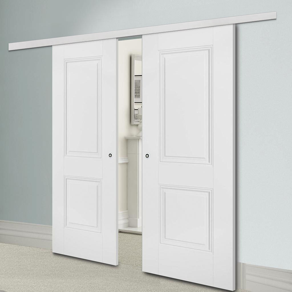 Premium Double Sliding Door & Wall Track - Arnhem 2 Panel Door - White Primed