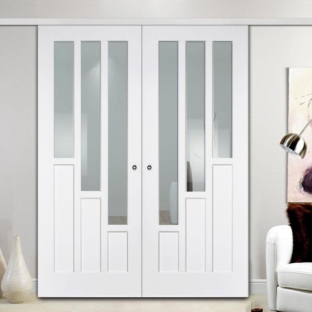 Premium Double Sliding Door & Wall Track - Coventry Door - Clear Glass - White Primed