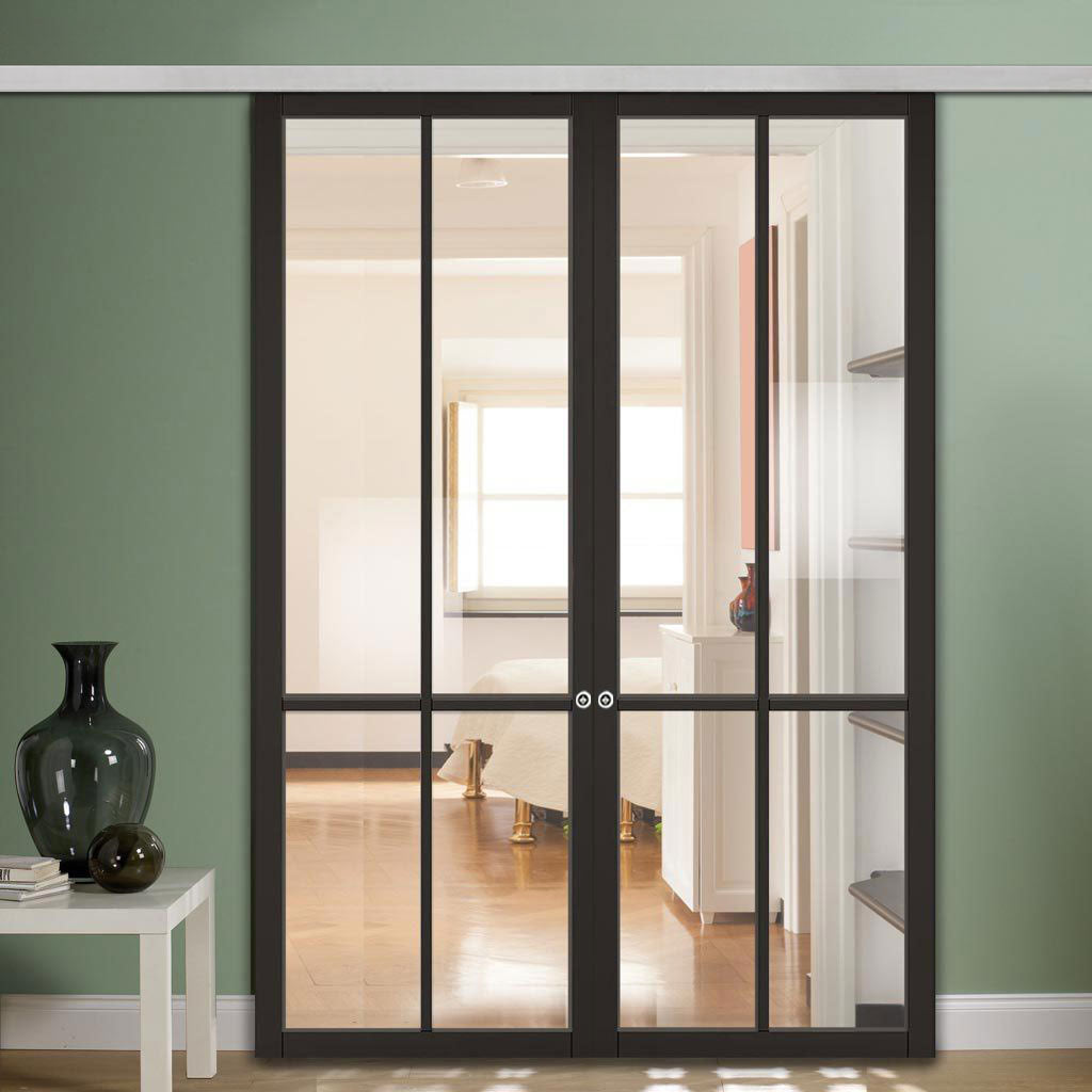 Premium Double Sliding Door & Wall Track - Liberty 4 Pane Door - Clear Glass - Black Painted